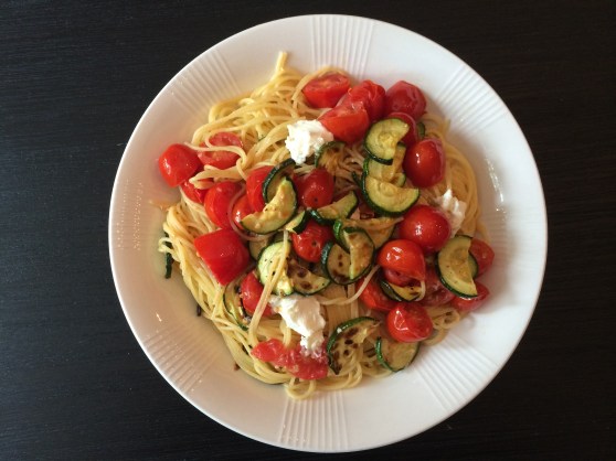 Tomato, zucchini, goat cheese pasta